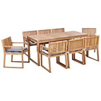 Conjunto De Jardín 8 Plazas Rústico De Madera De Acacia Certificada Sillas Con Cojines De Asiento Azul Marino Y Blanco Sassari Ii