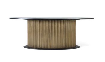 Mesa de comedor con tapa de madera de mango y base dorada 220 cm