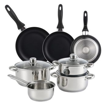Batería de cocina 7 piezas de acero inox y sartenes negro ø16,20,24 cm