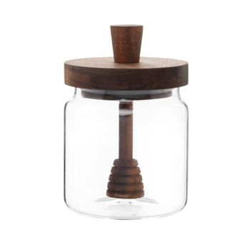 Tarro de vidrio para la miel con tapa y cuchara de madera de acacia