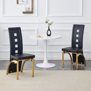 Juego De 2 Sillas De Comedor Negras De Cuero Pu, Respaldo Alto Y Patas Doradas