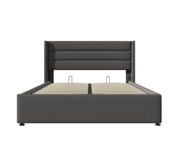 Cama doble hidráulica 140x200 - tapizada, con colchón y somier de madera y metal - gris