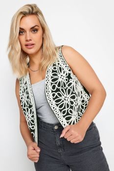 Yours Chaleco Corto Negro De Bordados Blancos, Mujer Curvy Y Tallas Grandes, Yours