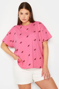 Limited Collection Camiseta Algodón Rosa Con Sandías Bordadas, Mujer Curvy Y Tallas Grandes, Limited Collection