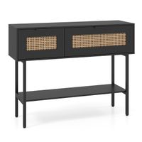 costway mesa auxiliar estrecha de ratan pe estilo bohemio con puertas estantes y estructura metalica negro madera para salon o recibidor
