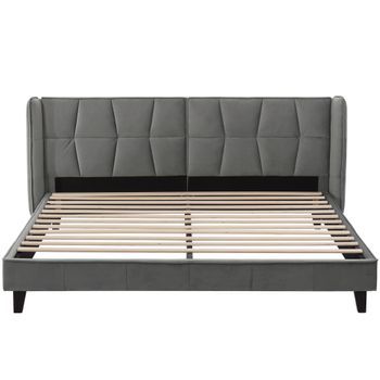 Cama Doble Tapizada En Terciopelo - 180x200cm - Con Somier - Gris
