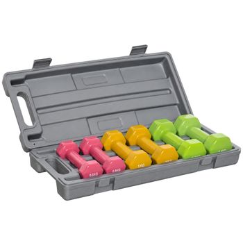 HOMCOM Juego de 6 Mancuernas Hexagonales 3 Pares 1,5 kg 1 kg 0,5 kg con Revestimiento Mancuernas de Neoprenos con Maletín Multicolor   Aosom España