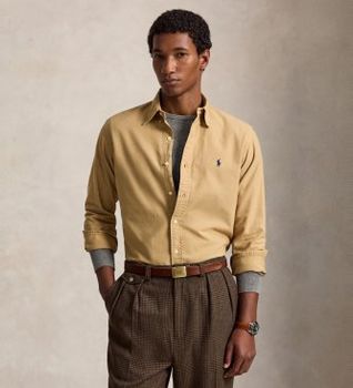 Polo Ralph Lauren para hombre. 710805564525 Camisa oxford teñida Custom Fit beige (L), Casual, Algodón, Manga larga