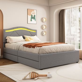 Cama Tapizada 90x200 Cm Con Luces Led, Dos Cajones Y Cabecero Regulable