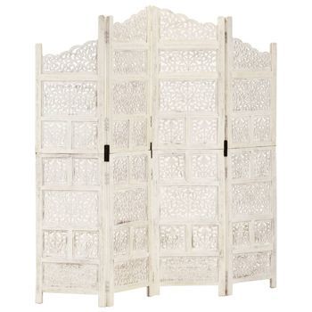 Biombo 4 Paneles Tallado A Mano Madera Mango Blanco 160x165 Cm Vidaxl