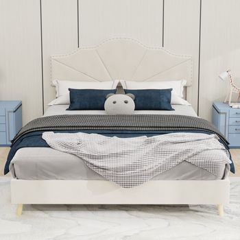 Cama Tapizada Moderna Con Cabecera Acolchada, 140x200 Cm, Beige, Marco De Cama Bajo Sin Barra De Elevación