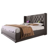 cama de matrimonio 180x200 cm material pu negro cama con almacenamiento hidraulico respaldo acolchado con carga usb-c iluminacion led 3 lados con 16 colores estructura de acero resistente sin colchon