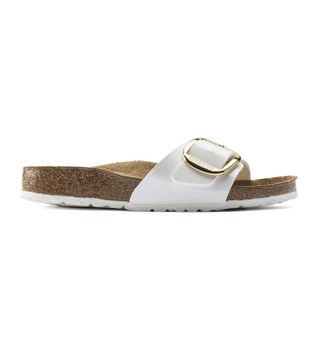 Birkenstock para mujer. 1019814 Sandalias Madrid Big Buckle Birko-Flor (Ajuste Estrecho) blanco (38), Plano, Ninguno, Casual, Charol