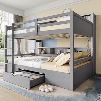 Cama Litera Para Niños 90x200 Cm Con Cajones Y Almacenamiento Gris
