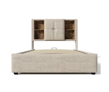 Cama canapé tapizada 90x200 cm - con cabezal de almacenamiento y carga inalámbrica - tela de lino - beige