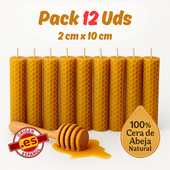 Vadeincienso - Lote de 12 Velas de Cera de Abeja Española Original Hechas a Mano 2x10 cm para Meditación y Relajación