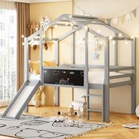 cama cabana elevada infantil simple 90x200 cm con tobogan y escalera de seguridad tabla de graffiti madera maciza gris
