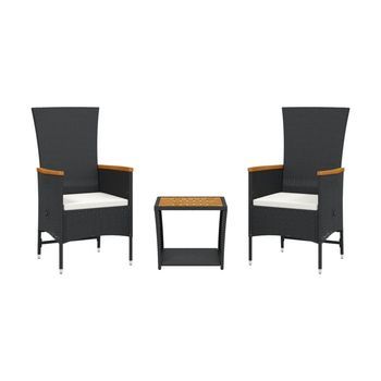 Set Comedor De Jardín 3 Uds | Mueble Jardin Mesa Y Sillas Con Cojines Ratán Sintético Negro