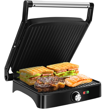 Aigostar Calore 30HHK - Parrilla Eléctrica, Sandwichera y máquina de panini, Regulador de temperatura, Grill de doble cara, Apertura 180º, Placa superior flotante, 1800 W, Libre de BPA