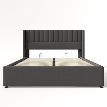 Cama Contenedor Tapizada 140x200 Cm En Lino Con Somier De Láminas - Gris
