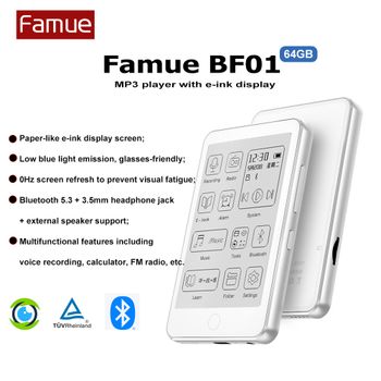 Reproductor de MP3 e-ink Famue BF01 de 64 GB y lector TXT: pantalla respetuosa con los ojos, altavoz externo, grabadora para estudiantes, regalo de Año Nuevo