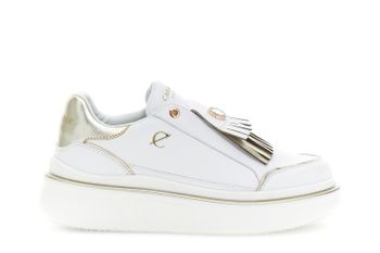 slip-on en piel revestida con detalle de flecos white/gold 36