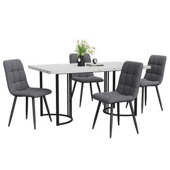 Juego De Comedor 5 Piezas Moderno Con Tablero Efecto Mármol Y Patas Ajustables, Mesa De Comedor Con 4 Sillas 140x80 Cm, Mdf Y Lino, Blanco Y Gris Oscuro