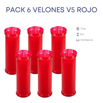 Velas Lumar - Pack 6 Velones de Santo Rojas 135x55 cm - Velas Litúrgicos de Parafina y Cera Vegetal para Iglesias y Tumbas
