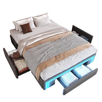 Bettgestell 140x200 Cm Con Cajones, Pu-cuero Sin Cabecera Con Tira Led Rgb, Plataforma De Varillas De Metal, Capacidad 300 Kg, Diseño Moderno Para Dormitorio, Gris/beige, Fácil Montaje