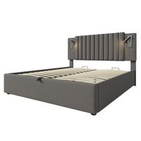 cama gris de algodon y lino 180 x 200 cm con almacenaje hidraulico luces de lectura 2 usb y 2 usb-c