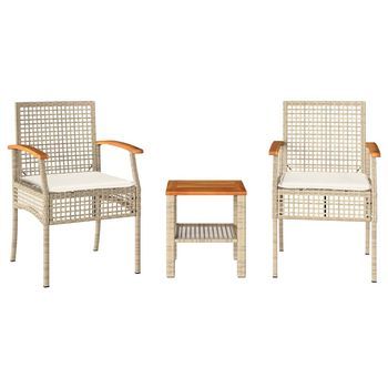 Mesita Y Sillas Con Cojines 3 Uds | Conjunto De Mesa Y Sillas Ratán Pe Madera Acacia Beige