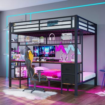 Cama Alta, 90x200 Y 140*200, Estructura De Hierro, Cajones, Espacios De Almacenamiento, Rejilla Para Colgar Objetos, Escritorio, Con Tira Led De 7 Colores, Puerto Usb, Sin Colchón, Negro