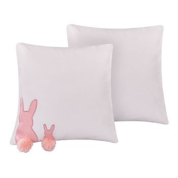 Conjunto De 2 Cojines Decorativos Blancos Con Algodón Rosa 45 X 45 Cm Conejo Bordado Pompones Conejo Pascua Phlox