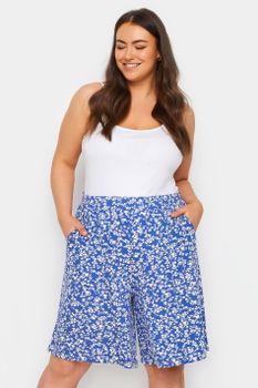 Yours Bermudas Azules De Flores Con Cintura Elástica, Mujer Curvy Y Tallas Grandes, Yours