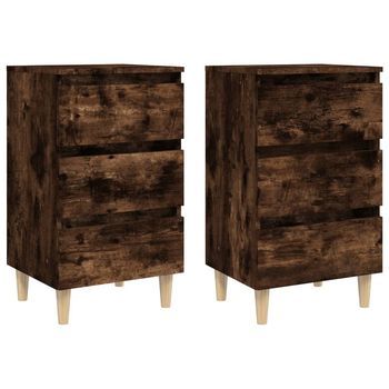 Pack 2 Uds Mesita De Noche | Mesa Auxiliar | Mesilla Patas De Madera Roble Ahumado 40x35x69 Cm