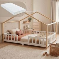 cama para ninos treviolo forma de casa pino  colchon 120x200 cm - blanco  natural encasa