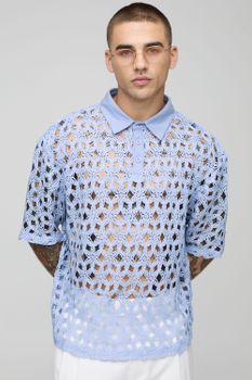 Camisa Oversize De Punto Croché, Azul