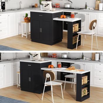 Mesa Extensible Para 4-6 Personas, Enchufe, Armario, 2 Cajones, 2 Estantes Abiertos, Color Negro.