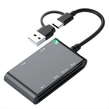 Rocketek CR375-B Lector de Tarjetas 6-en-1 Inteligente para Tarjetas SIM SD TF M2 MS con Interfaz USB-A/USB-C, Conectar