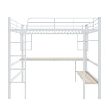 Cama De Metal Con Estructura De Cama 90x200cm, Cama De Hierro Con Escritorio, Jóvenes Y Adultos, Blanco
