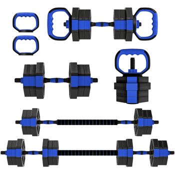 SPORTNOW Set de mancuernas musculación 6-en-1 mancuerna ajustable 20 kg kettlebell, barra de musculación soporte para flexiones azul   Aosom España