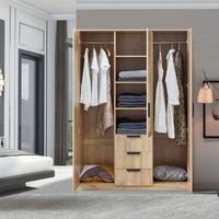 armario ropero eiselfing 3 puertas 2 percheros 4 compartimentos 3 cajones mdf 176 x 120 x 52 cm - efecto roble encasa