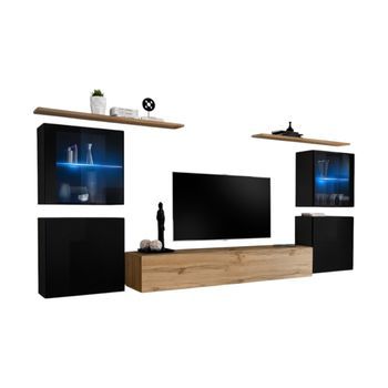 Conjunto De Muebles De Salón Mural Switch Xiv Diseño, Color Roble Wotan Y Negro Brillante.