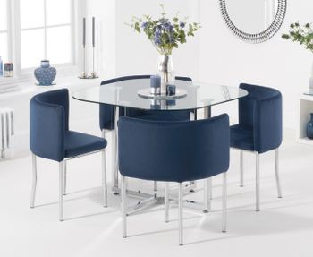 Algarve Glass Stowaway Dining Table with Blue Velvet High Back Stools - Blue, 4 Chairs