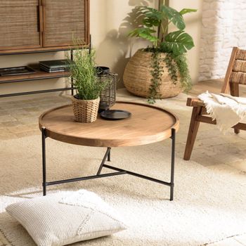 Mesa de centro redonda con tablero de madera de teca reciclada d74