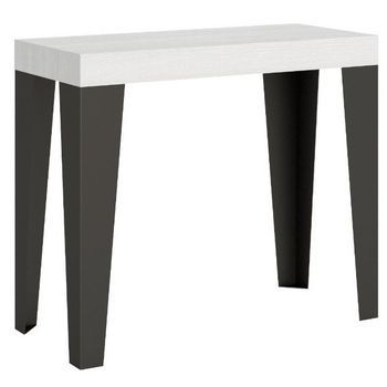 Consola Extensible Diseño Flavio En Madera Y Hierro 90x40/196 O 90x40/300 Cm-color Blanco-soporte 2 Pies-3 Alargaderas Finas