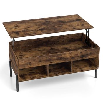 Costway Mesa de Centro Elevable con Tablero Ajustable Amplio Compartimento Oculto y 3 Espacios Abiertos con Patas de Metal Café