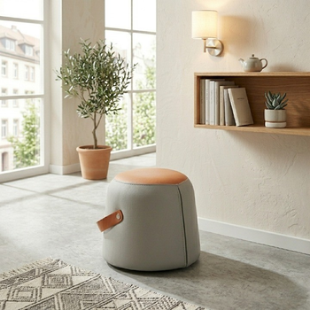 Taburete Reposapiés - Mueble Para Salón - Cuero Pu - Gris Y Naranja (34.5x34.5x29cm)