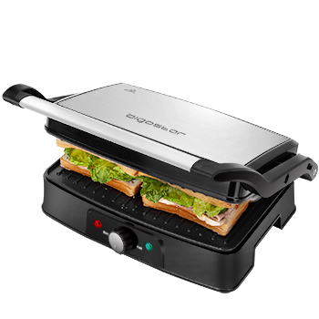 Aigostar Hitte - Parrilla Eléctrica, Grill, Sandwichera y Máquina de Panini,1500W de Potencia, 2 Placas de Cocinado Independientes Antiadherentes, Apertura 180º, Temperatura Regulable.
