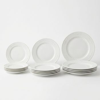 Vajilla Completa 12 Piezas Porcelana Blanca Para 4 Personas, Vajilla Sevilla Relieve Ala Plana, Apta